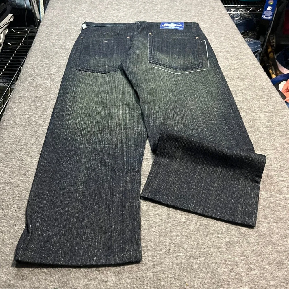 Southpole Mens Baggy Relaxed Fit Dark Wash Green Tint Embroidered Jeans 34x27